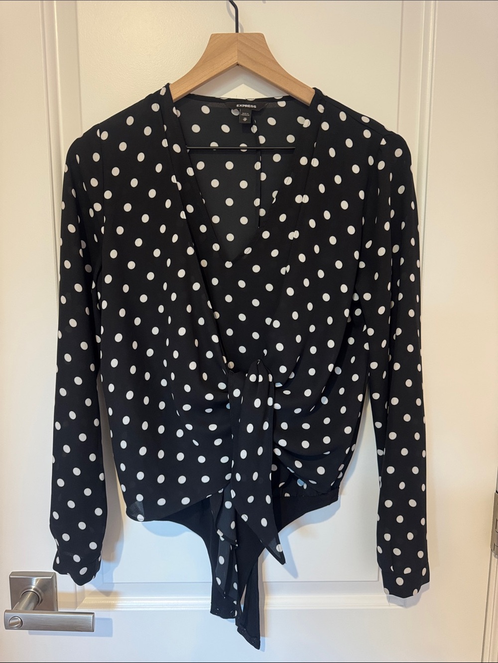 Express Black and White Polka Dot Tie-Front Blouse
